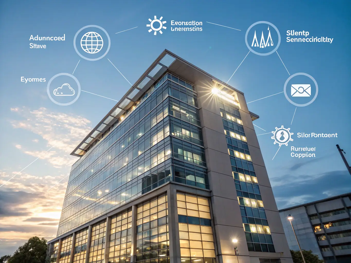 A modern office building with integrated smart technology, showcasing energy-efficient lighting and automated climate control systems.