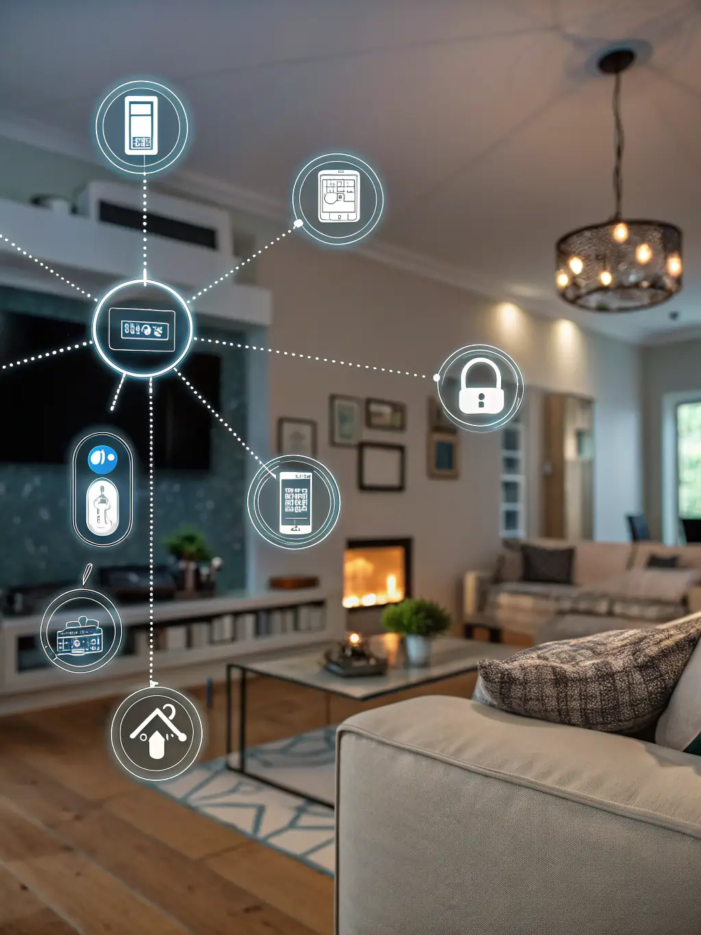 A visual representation of IoT devices communicating within a smart building network, emphasizing connectivity and data exchange.