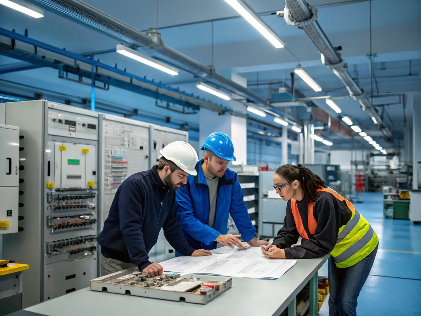 A team of engineers working on a complex low voltage system installation, highlighting the technical expertise and precision required for these projects.